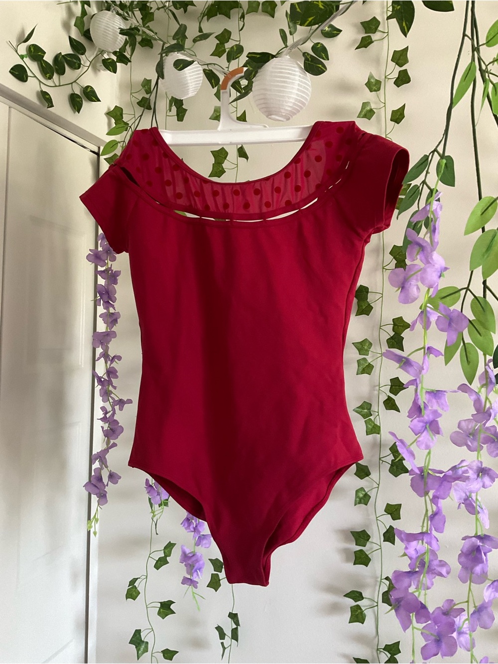 Women's Burgundy Short-Sleeve Mesh Yoke Bodysuit